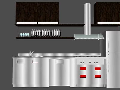 Modern Kitchen With Dark Wooden Cabinets Silver Countertop Range Hood And Dishes On Shelves 3d model