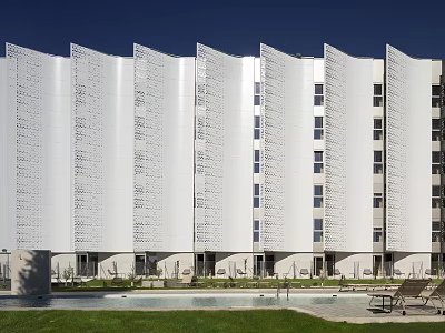 Modern White Building With Wavy Facade Windows Front Grass Swimming Pool And Lounge Chairs 3d model