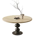 Round Light Wood Dining Table With Black Spherical Base And White Vase 3d model