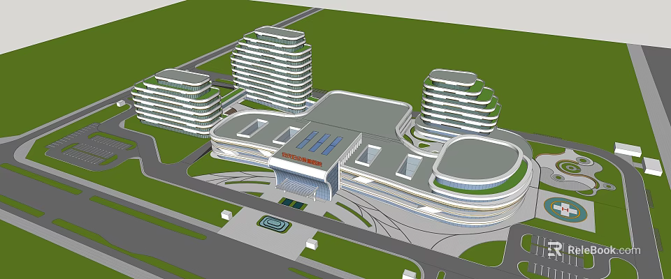 Modern Building Complex Design With Curved Towers Green Lawns And Roads 3d model 