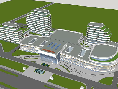Modern Building Complex Design With Curved Towers Green Lawns And Roads 3d model