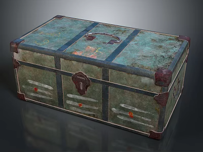 Vintage Decorative Storage Trunk With Green Surface Blue Straps Brown Corners And Metal Lock 3d model