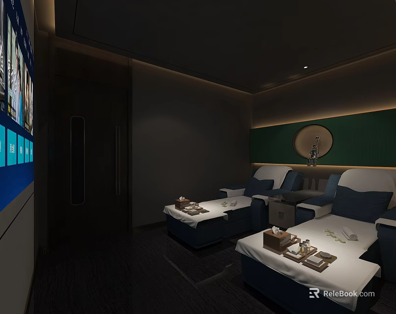 Luxurious SPA Sauna Space With Comfortable Loungers Green Accent Wall And Side Tables 3d model 