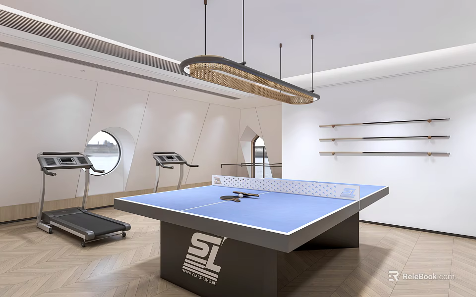 Modern Game Room Interior With Ping Pong Table And Treadmills 3d model 