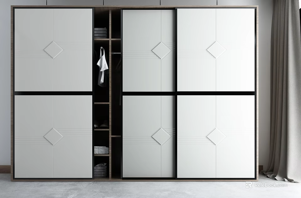 Modern Wardrobe Design With Sliding Doors Diamond Patterns Open Shelf And Storage Space 3d model