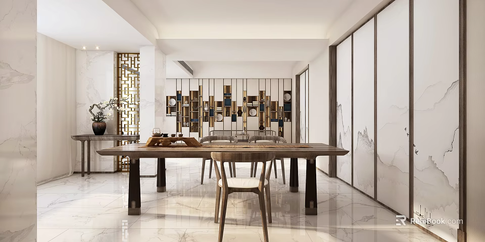 Traditional Tea Room Interior With Wooden Table Tea Sets And Decorative Shelves 3d model 