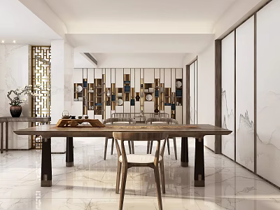 Traditional Tea Room Interior With Wooden Table Tea Sets And Decorative Shelves 3d model