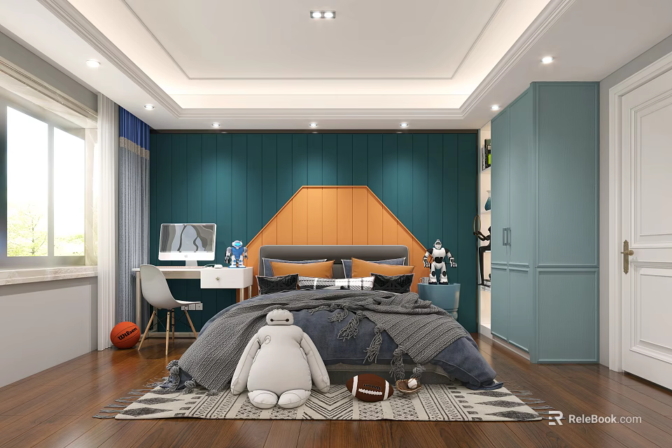 Modern Kids Bedroom With Plush Toy Study Desk And Sports Items 3d model 