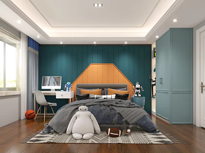 Modern Kids Bedroom With Plush Toy Study Desk And Sports Items 3d model