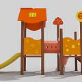 Children's Playground Equipment With House Shaped Roof Sun Flower Decorations And Orange Yellow Slides