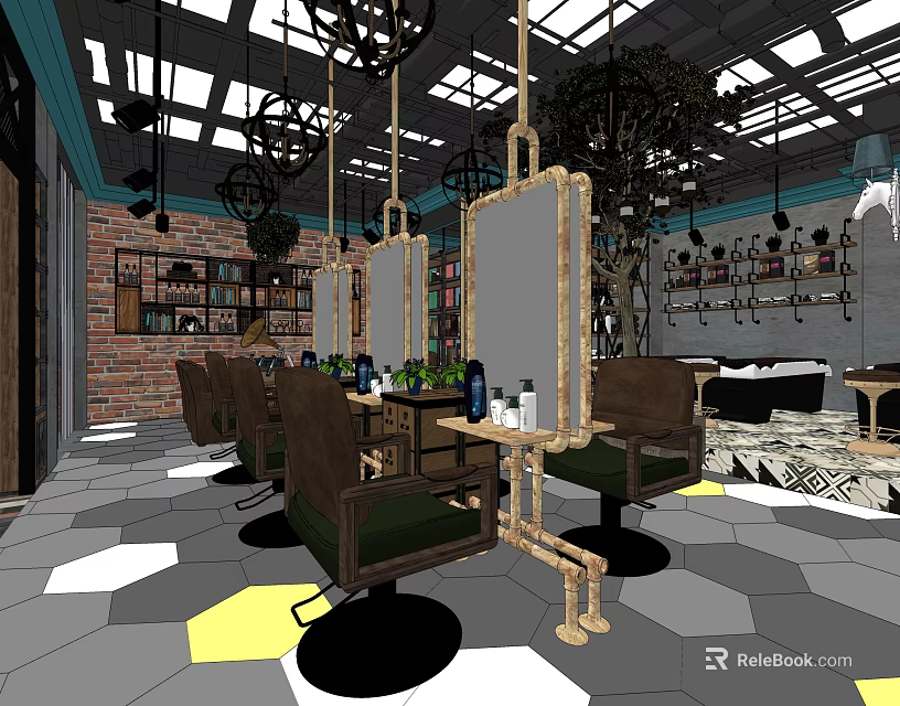 Modern Hair Salon Interior With Stylish Chairs Mirrors Workstations Decor And Lighting 3d model 