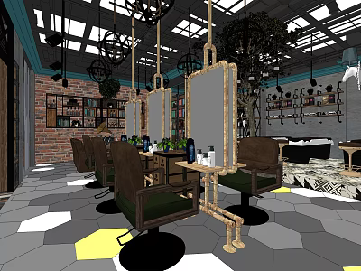 Modern Hair Salon Interior With Stylish Chairs Mirrors Workstations Decor And Lighting 3d model