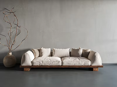Light Colored Two Seater Sofa With Multiple Pillows Wooden Legs And Twig Decorated Terracotta Pot 3d model