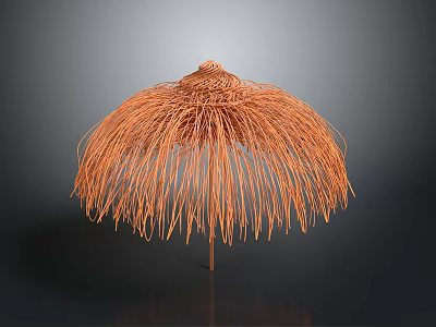 Elegant Orange Woven Umbrella Structure With Natural Fringe And Stand 3d model