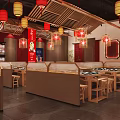 Traditional Chinese Hotpot Restaurant Interior With Red Decor Wooden Tables And Hanging Lanterns