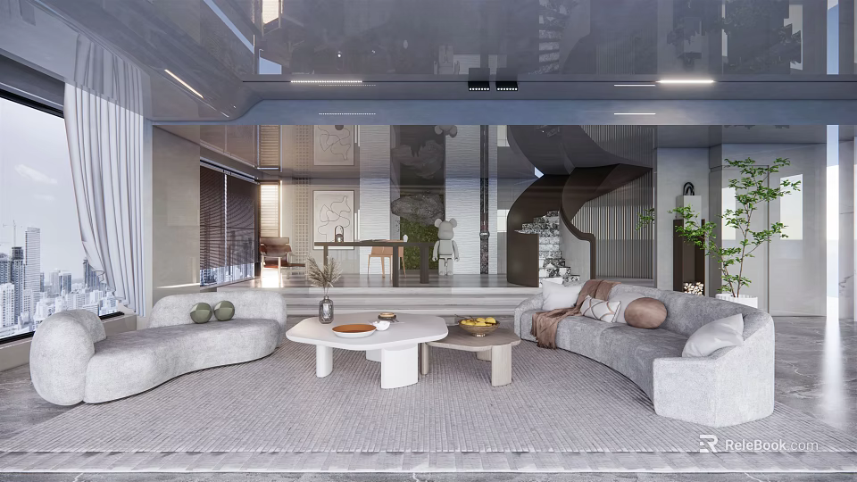 Modern Living Room Interior With Gray Sofas Round Coffee Tables Bright Open Space And Plants 3d model 
