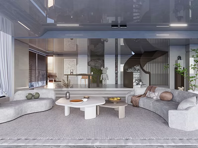 Modern Living Room Interior With Gray Sofas Round Coffee Tables Bright Open Space And Plants 3d model