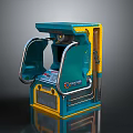 Retro Time Machine Device With Teal And Yellow Exterior And Silver Metal Handrails