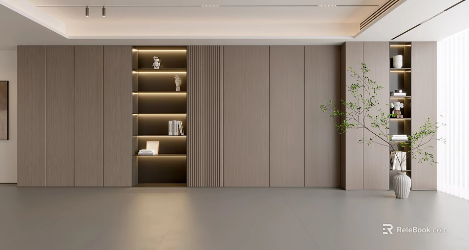Modern Wooden Accent Wall Design With Vertical Stripes Illuminated Shelf Books Decor And Green Plant 3d model 