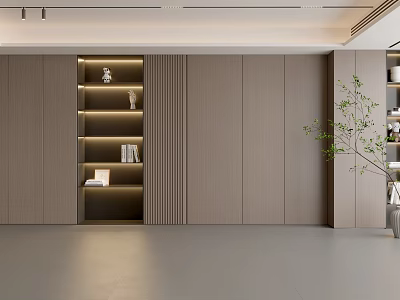 Modern Wooden Accent Wall Design With Vertical Stripes Illuminated Shelf Books Decor And Green Plant 3d model