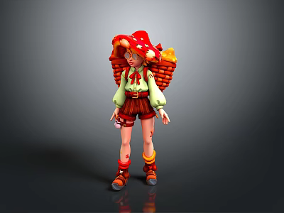Woman In Red Mushroom Hat Carrying Basket Wearing Green Top Brown Shorts Red Boots 3d model