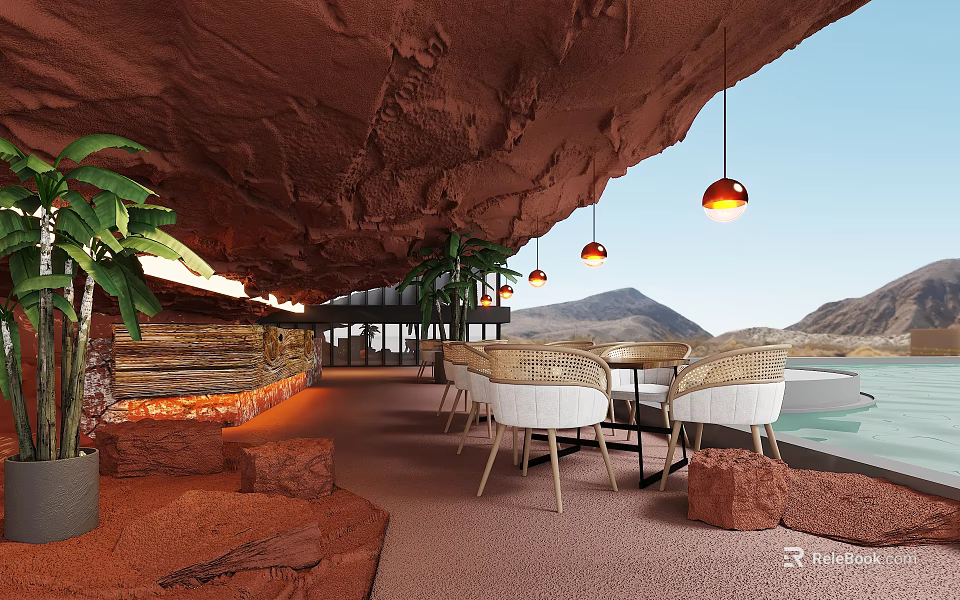 Cave Style Restaurant Interior With Orange Pendant Lights Rattan Chairs And Mountain View Pool 3d model 