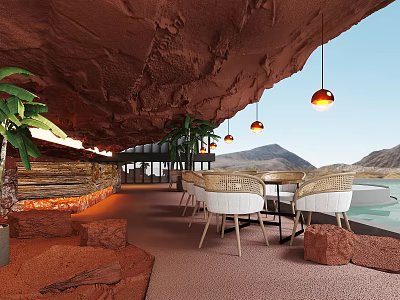 Cave Style Restaurant Interior With Orange Pendant Lights Rattan Chairs And Mountain View Pool 3d model