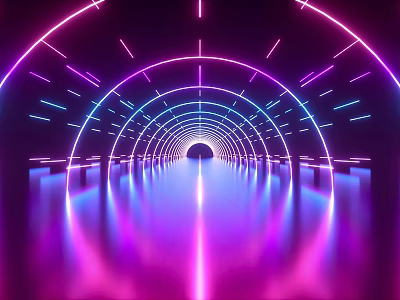 Futuristic Neon Tunnel Wall Decor With Glowing Lines Purple Blue Reflection 3d model