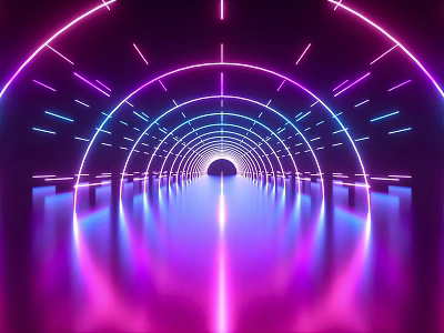 Futuristic Neon Tunnel Wall Decor With Glowing Lines Purple Blue Reflection 3d model