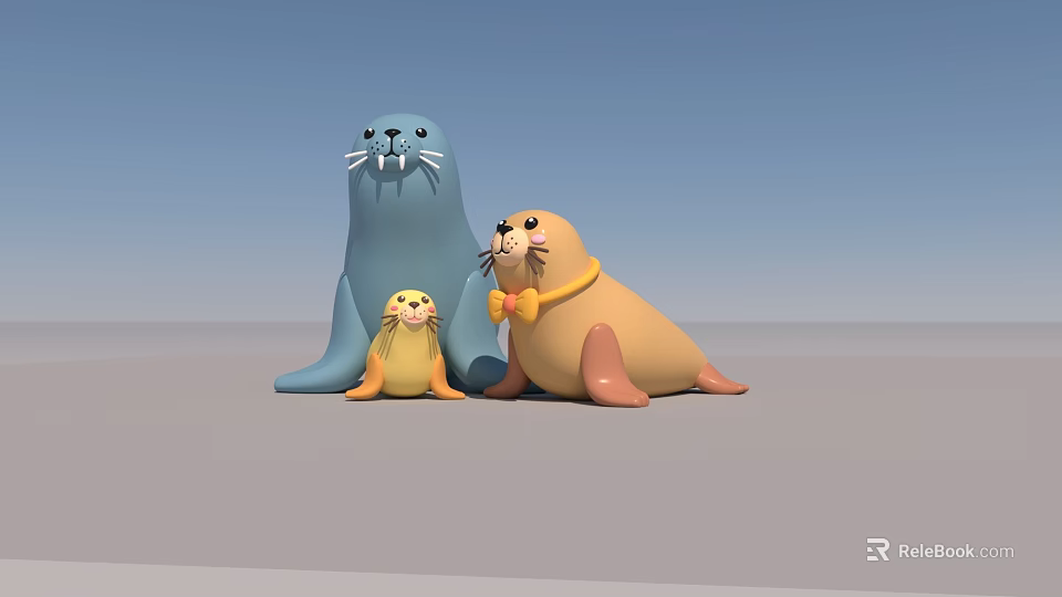 Three Cute Aquatic Seals Blue Yellow Brown Sitting Together on Gray Surface 3d model 