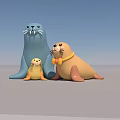 Three Cute Aquatic Seals Blue Yellow Brown Sitting Together on Gray Surface