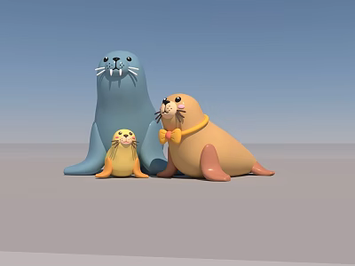 Three Cute Aquatic Seals Blue Yellow Brown Sitting Together on Gray Surface 3d model