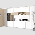 Modern Kitchen Interior With White Cabinets Light Wood Upper Countertop Appliances And Plant