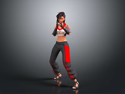 Woman In White Top And Black Pants With Red Accents Wearing Boxing Gloves In Stance 3d model