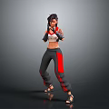 Woman In White Top And Black Pants With Red Accents Wearing Boxing Gloves In Stance