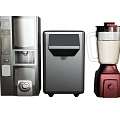 Silver Coffee Maker Black Ice Maker And Red Blender Modern Kitchen Appliances