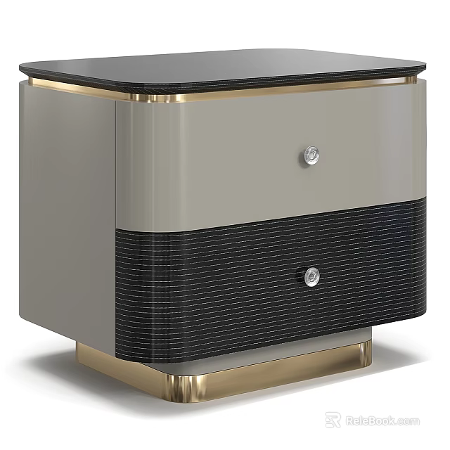 Modern Nightstand With Light Gray Black Textured Drawers Gold Frame and Round Knobs 3d model 