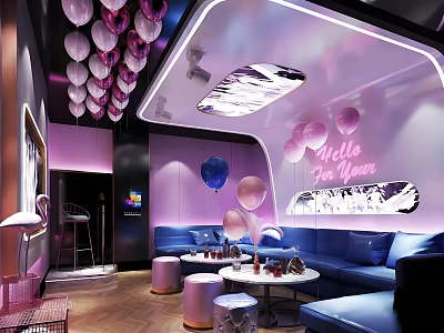 Modern KTV Interior With Colorful Balloons Blue Sofas Purple Lighting And Hello For You Sign 3d model