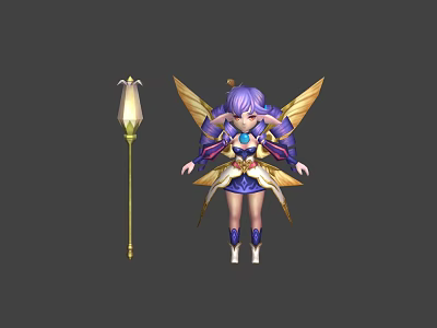 Game and Movie Character with Purple Hair Yellow Wings and Blue Gold Outfit Holding Staff 3d model