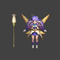 Game and Movie Character with Purple Hair Yellow Wings and Blue Gold Outfit Holding Staff