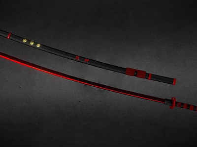 Classic Katana Weapon Featuring Black Scabbard Red Accents Golden Handle And Red Blade 3d model