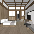 Minimalist Hotel Room With Wooden Walls Beams Large Bed Sofa TV Floor To Ceiling Windows