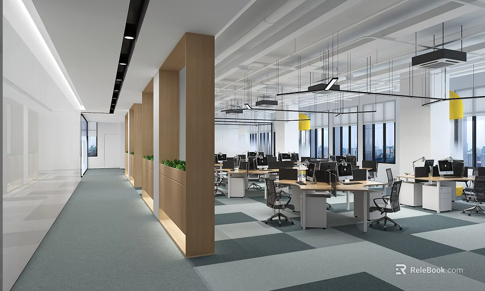 Modern Office Interior With Open Layout Wooden Partitions Green Plants Workstations Large Windows Gray Carpet 3d model 