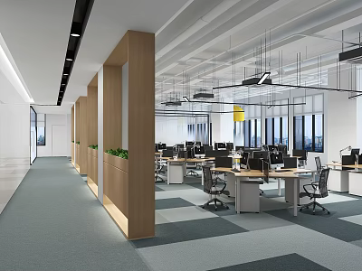 Modern Office Interior With Open Layout Wooden Partitions Green Plants Workstations Large Windows Gray Carpet 3d model