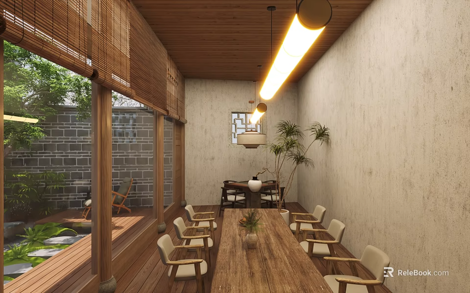 Long Wooden Table With Light Colored Chairs Long Pendant Light Bamboo Blinds Stone Wall Courtyard 3d model 