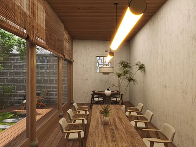 Long Wooden Table With Light Colored Chairs Long Pendant Light Bamboo Blinds Stone Wall Courtyard 3d model