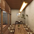 Long Wooden Table With Light Colored Chairs Long Pendant Light Bamboo Blinds Stone Wall Courtyard