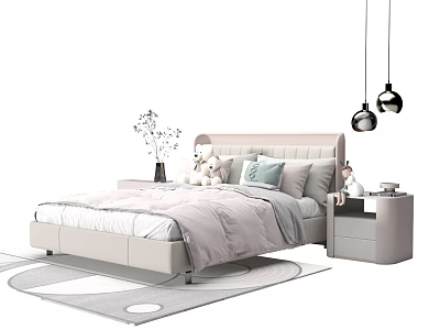 Modern Double Bed Interior With Upholstered Headboard Light Bedspread Pillows Nightstand And Pendant Lights 3d model