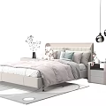 Modern Double Bed Interior With Upholstered Headboard Light Bedspread Pillows Nightstand And Pendant Lights