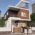 Modern Detached Villa Exterior With Trees Greenery And Front Car Parking